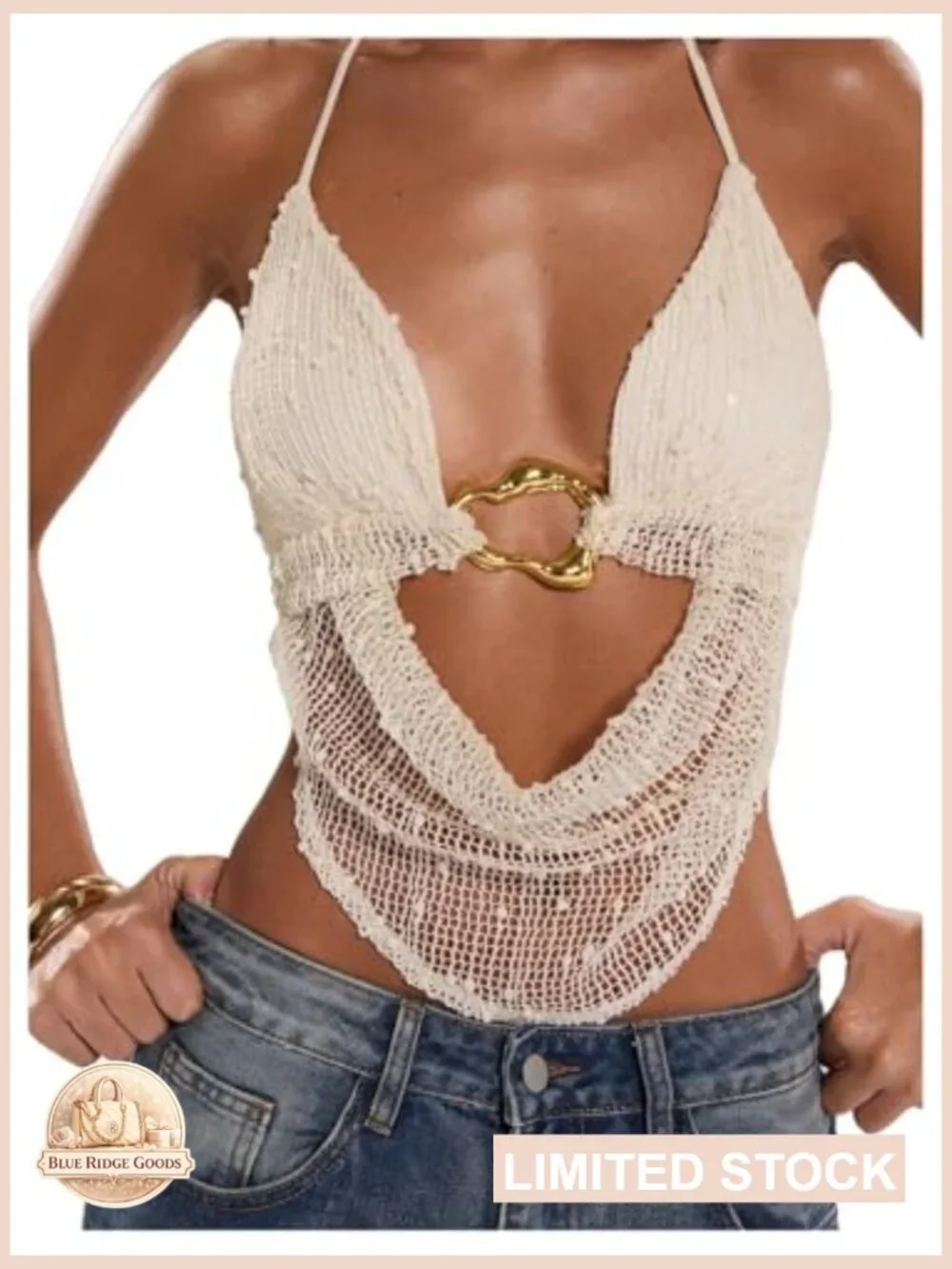 Crochet Halter Tank Top Backless Draped Front Festival Going Out Tops Y2K Rave - Picture 4 of 5
